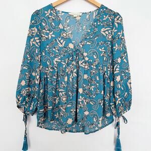 Lovestitch Babydoll Top Floral Peasant V-Neckline Flowy Sleeves Size Small Blue